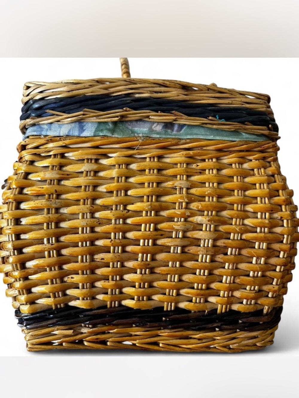 Vintage 50s Garden Cottagecore Basket Handbag Floral Cotton Liner Leather Strape - Picture 8 of 11